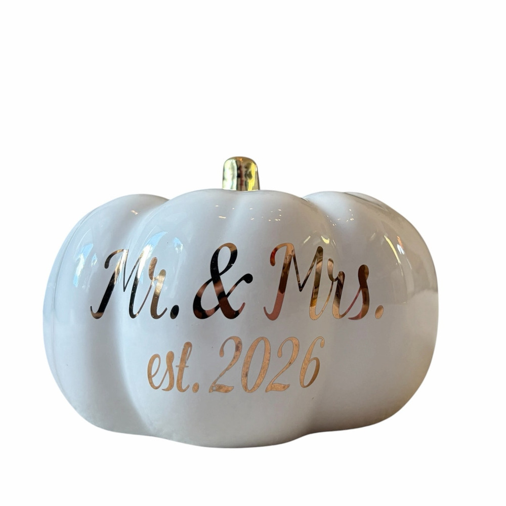 MR. & MRS. 2026 Ceramic Pumpkin White w/ Gold Stem 6.5in Fall Decor NEW
